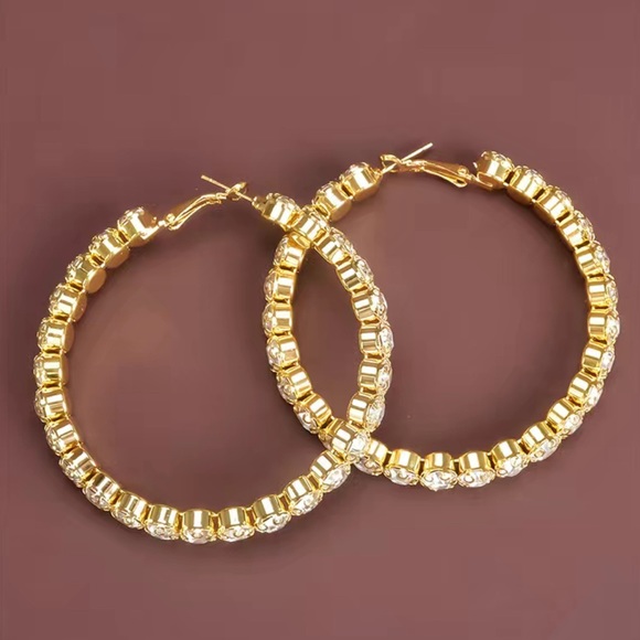 Gold Shiny Rhinestone Hoop Earrings - Picture 7 of 7